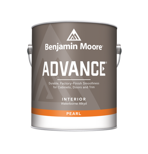Paint can labeled “Benjamin Moore ADVANCE” with text reading “Durable, Factory-Finish Smoothness for Cabinets, Doors and Trim,” “Interior Waterborne Alkyd,” and “Pearl,” on a taupe label with an orange band at the bottom.