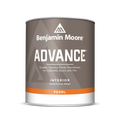 Paint can labeled “Benjamin Moore ADVANCE” with text reading “Durable, Factory-Finish Smoothness for Cabinets, Doors and Trim,” “Interior Waterborne Alkyd,” and “Pearl,” on a taupe label with an orange band at the bottom.