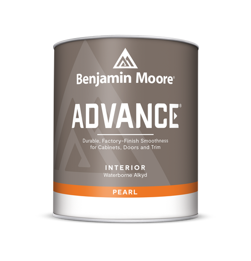 Paint can labeled “Benjamin Moore ADVANCE” with text reading “Durable, Factory-Finish Smoothness for Cabinets, Doors and Trim,” “Interior Waterborne Alkyd,” and “Pearl,” on a taupe label with an orange band at the bottom.