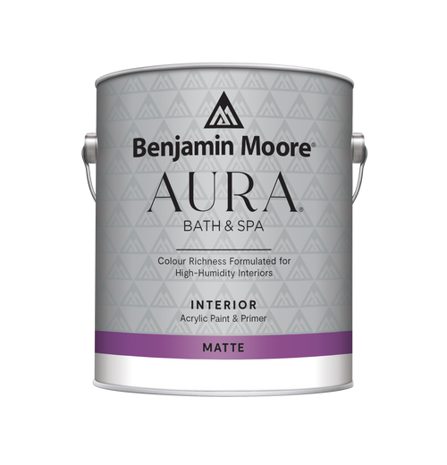 Paint can labeled “Benjamin Moore AURA Bath & Spa” with text reading “Colour Richness Formulated for High-Humidity Interiors,” “Interior Acrylic Paint & Primer,” and “Matte,” on a light gray patterned label with a purple band at the bottom
