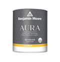 Gray paint can labeled "Benjamin Moore AURA". Text on the can reads "Colour Lock Technology Colour Richness and Longevity", "Exterior Acrylic Paint", "Limited Lifetime Warranty", and "Flat"