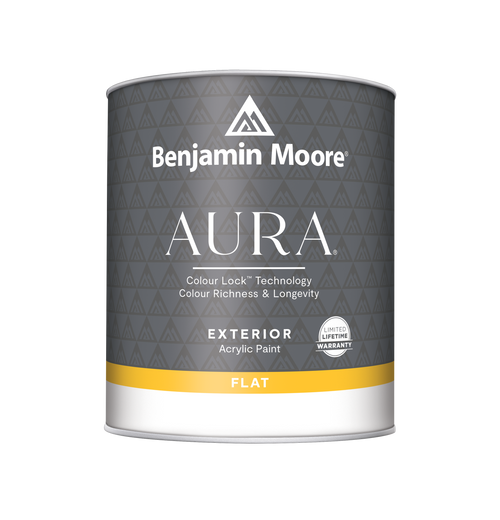 Gray paint can labeled "Benjamin Moore AURA". Text on the can reads "Colour Lock Technology Colour Richness and Longevity", "Exterior Acrylic Paint", "Limited Lifetime Warranty", and "Flat"