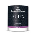 Benjamin Moore Aura interior acrylic paint and primer can labeled "MATTE" with dark blue patterned design and the text "Colour Lock Technology Colour Richness & Longevity".