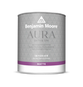 Paint can labeled “Benjamin Moore AURA Bath & Spa” with text reading “Colour Richness Formulated for High-Humidity Interiors,” “Interior Acrylic Paint & Primer,” and “Matte,” on a light gray patterned label with a purple band at the bottom