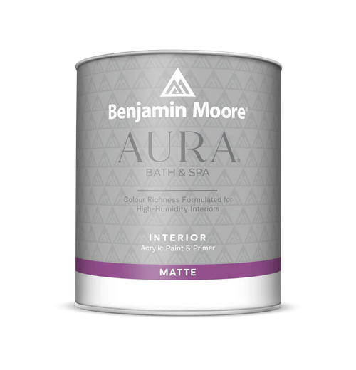 Paint can labeled “Benjamin Moore AURA Bath & Spa” with text reading “Colour Richness Formulated for High-Humidity Interiors,” “Interior Acrylic Paint & Primer,” and “Matte,” on a light gray patterned label with a purple band at the bottom