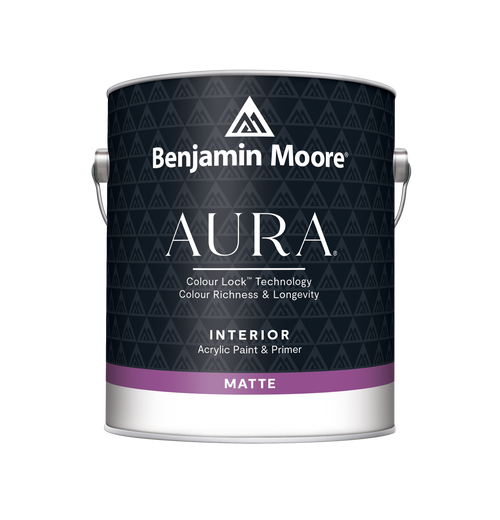 Benjamin Moore Aura interior acrylic paint and primer can labeled "MATTE" with dark blue patterned design and the text "Colour Lock Technology Colour Richness & Longevity".
