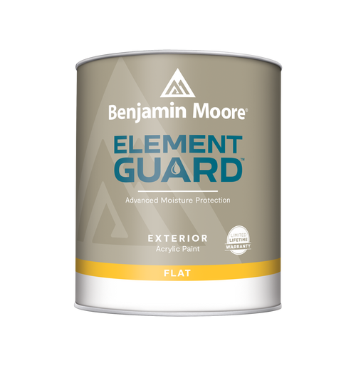 Gray paint can labeled "Benjamin Moore AURA". Text on the can reads "Colour Lock Technology Colour Richness and Longevity", "Exterior Acrylic Paint", "Limited Lifetime Warranty", and "Flat"